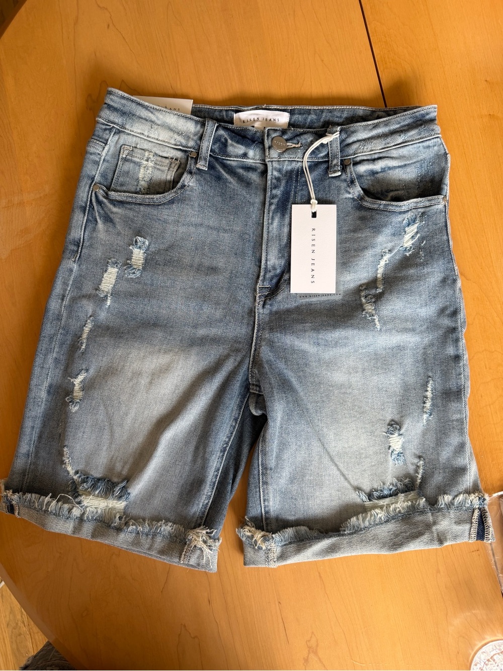 NWT Risen Denim Distressed Bermuda Shorts - Light Blue Large